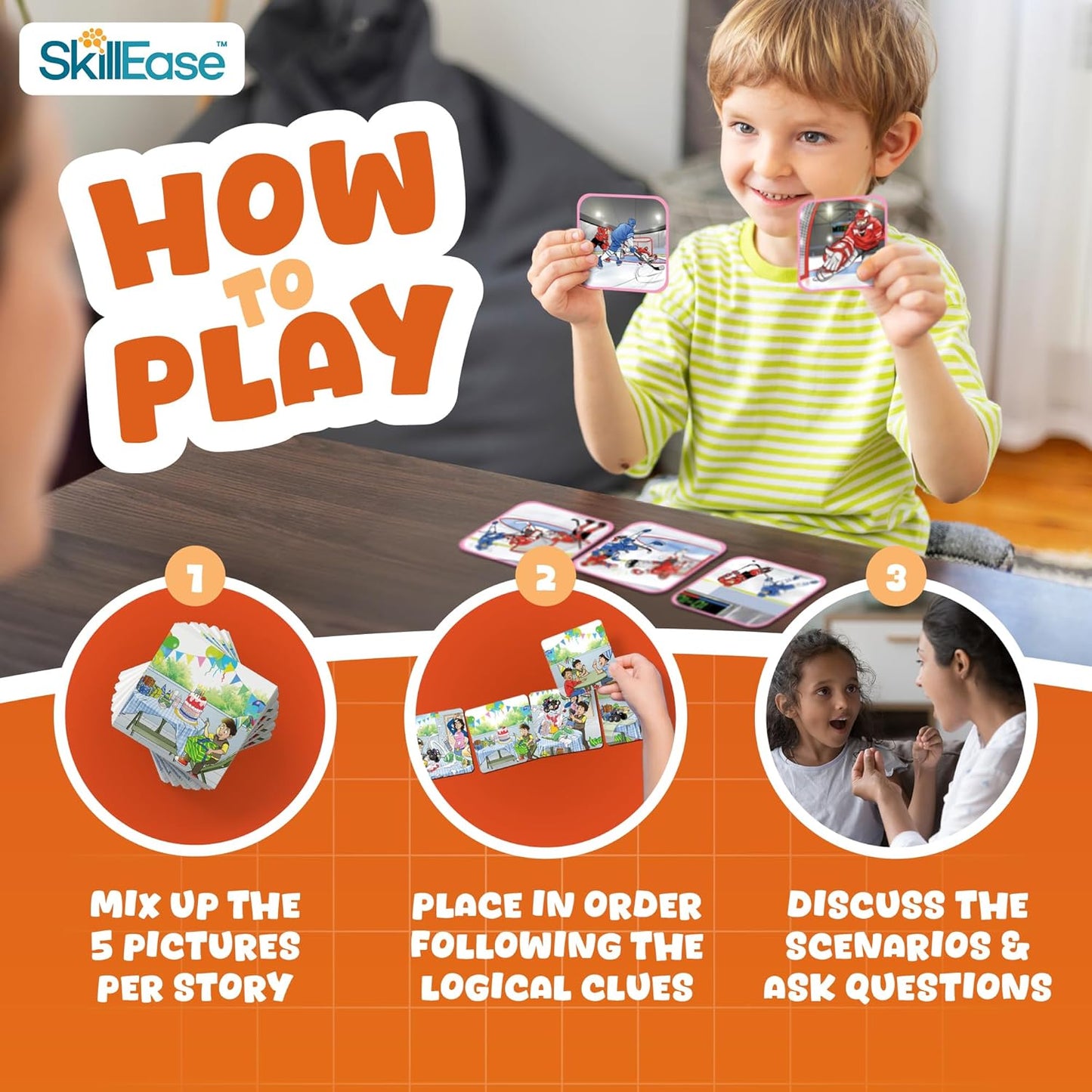 SkillEase Story Cues Skilled Sequencing Cards, Speech Therapy Materials, Social Skills Game, English Language Learners Games, Storytelling Cards, Sentence Building and Picture Cards