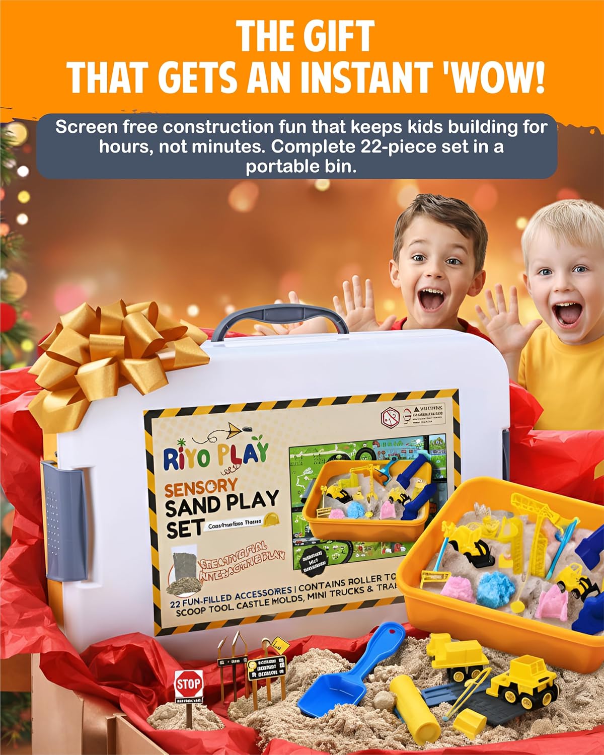 Construction Sensory Bin for Toddlers with 2-in-1 Play Mat & 2.8lbs Moldable Sand, Kids Sensory Bin with Lid & Handle, Toddler Sensory Kit Boys & Girls, Learning Activity, Gift Ages 3+