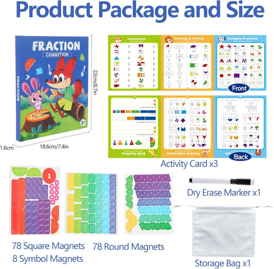 Magnetic Fraction Playbook & Fraction Manipulatives Set, Montessori Magnetic Fraction Book for Kids Grades K-3, Math Manipulatives with Fraction Tiles and Circles, Educational Fraction Games & Puzzle