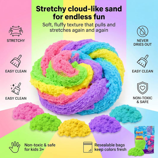 Carolart Colorful Stretchy Sand Kit, Value Pack of 10 Colored Moldable Play Sand for Kids, Bulk Refill for Sensory Bin, Sensory Toys for Molding, Travel Toys for Girls and Boys Ages 3+