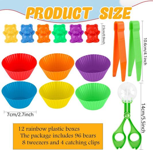 120 Pcs Counting Sorting Bears Sensory Bin Tools Fine Motor Skills Includes 96 Cute Rainbow Sorting Bears 8 Tweezers 4 Scissors Clips and 12 Colorful Cups for Kid Early Skill Education