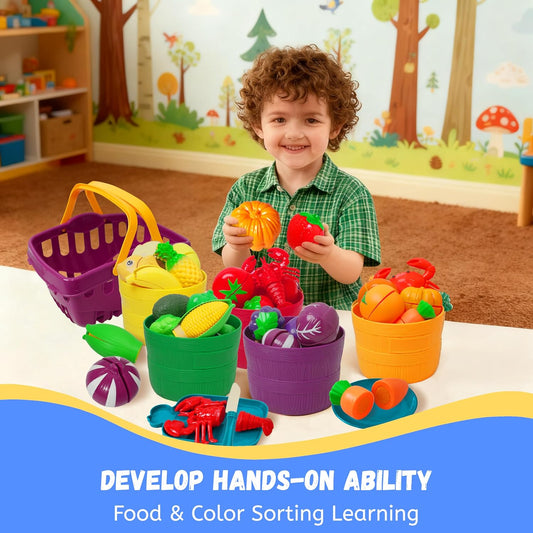 Play Food Set for Kids, Cutting Food Toy for Kids, Learning Toy Color Sorting Set for Toddler, Pretend Play Kitchen Accessories for Toddler, Great Gifts for 3-8 Years Old Boys & Girls