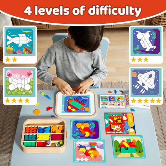 Wooden Magnetic Pattern Blocks Set with Activity Cards, 288 PCS Montessori Puzzle Toys for Toddlers 4-8, STEM Learning Gift for Boys Girls 4 5 6 7 8