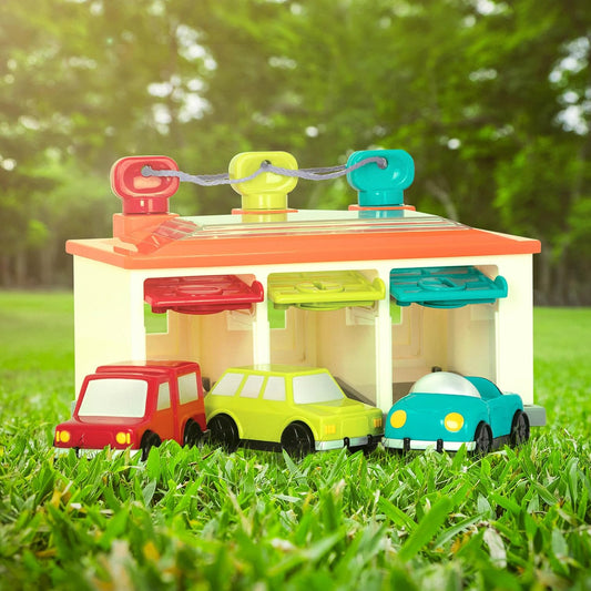 Battat – Car & Color Sorting Playset – Cause – and – Effect Toy – Push & Go Cars – Color – Coded Matching – 2+ Years – 3 – Car Garage, Red