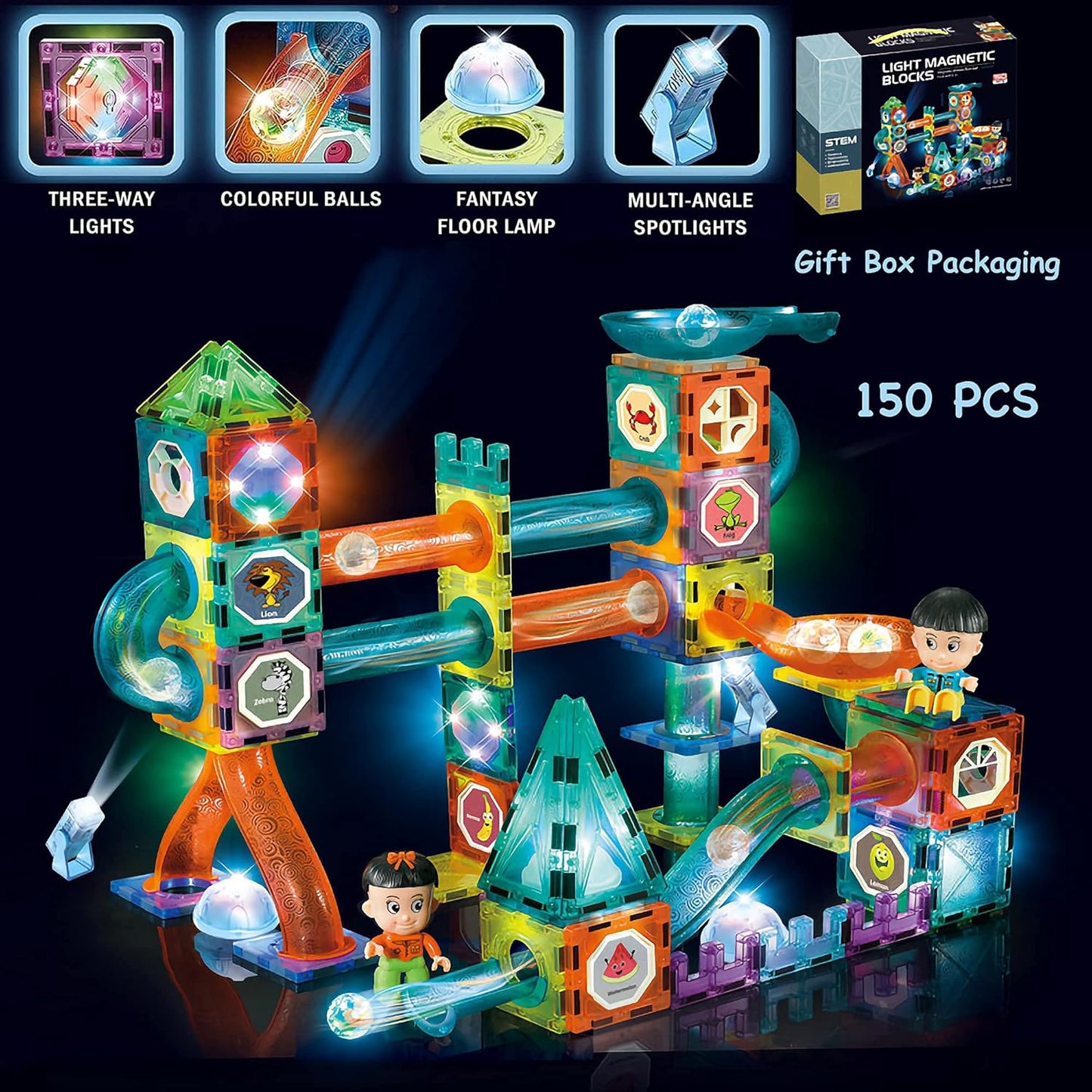 Glowing Magnetic Tiles Marble Run Race Track Super Set - 110 Complete Pieces Glow in The Dark STEM Light Magnetic Building Blocks Gravity Marble Maze Games for Toddlers Kids Boys Girls Ages 3+ Years