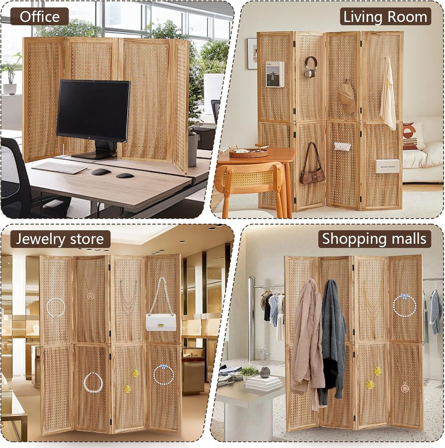 4 Panel Wooden Room Dividers, 5.6FT High Plug-in Folding Screen Made of Natural Wood, Pegboard Display for Bedroom and Shopping Malls and Jewelry Stores, Dark Brown