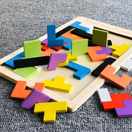 4 Pack Wooden Blocks Puzzles, Russian Blocks, Hexagon Puzzles, Tangrams Puzzles, Board Tic Tac Toe Game, Brain Teasers Toy Logic Game, Montessori STEM Educational Toys Present for Kids and Adults