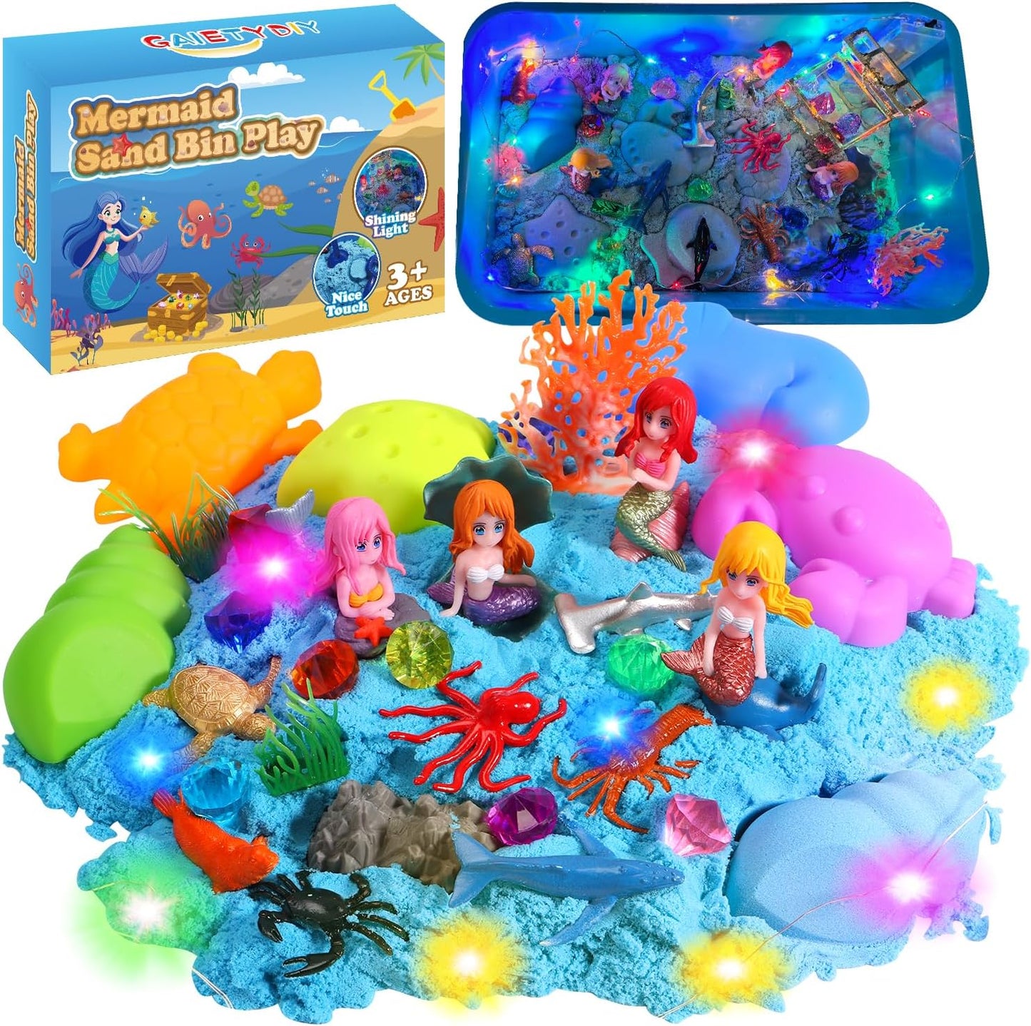 GAIETYDIY Mermaid Sensory Bin for Girl, Magic Sand Art Kit with LED Light, 2.2lbs Sensory Sand, Ocean Sea Animals, Sand Box with lid, Mermaid Toy Christmas Birthday Gift for Girls Ages 3 4 5 6 7 8…