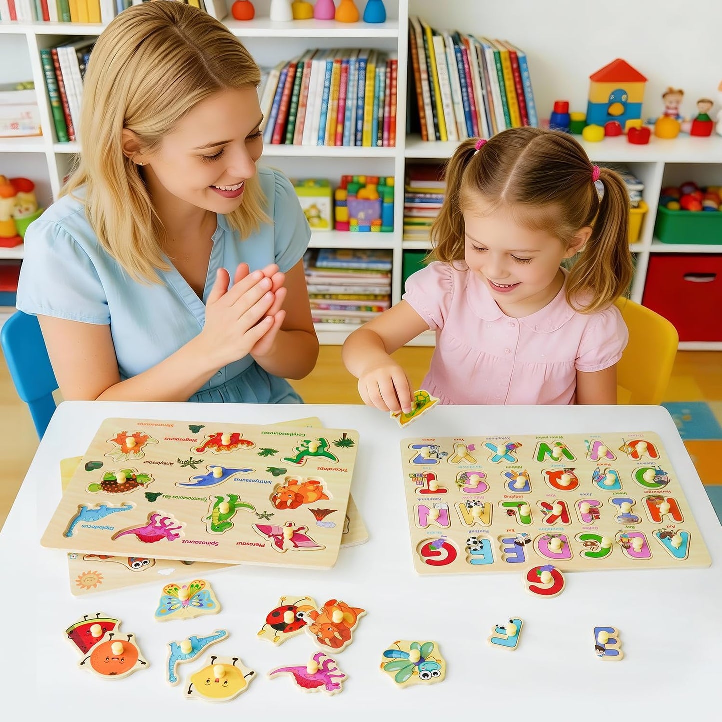 MerryPony Wooden Peg Puzzle for Toddlers 2 3 4 Years Old, 6 Pcs Montessori Toddler Puzzle - Alphabet, Shape, Number, Fruit, Dinosaur and Insect Puzzles, Baby Puzzle, Learning & Education Toys for Kids
