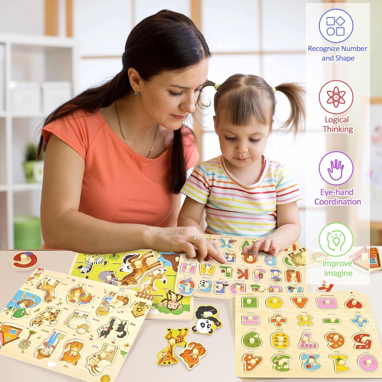 Wooden Peg Puzzle for Toddlers 2-4, 5 Pack Montessori Toys Learning Educational Puzzles for Kids Girls Boys 2 3 4 Yesrs Old with Dinosaurs Farm Animal Number