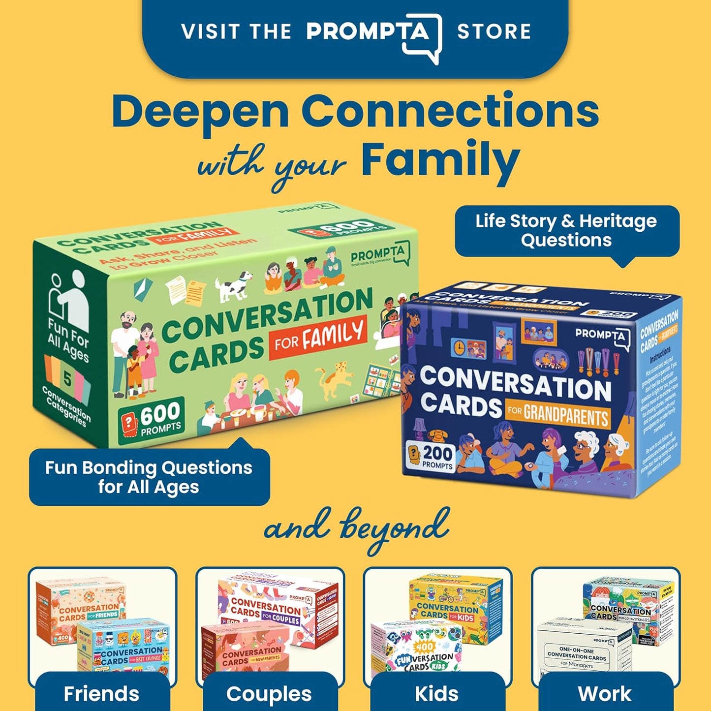 Prompta 600 Conversation Cards for Families – Fun Family Game for Kids and Adults During Game Night, Family Dinner, or Road Trips – Five Get to Know You Question Categories on 2.5" x 1.75" Cards