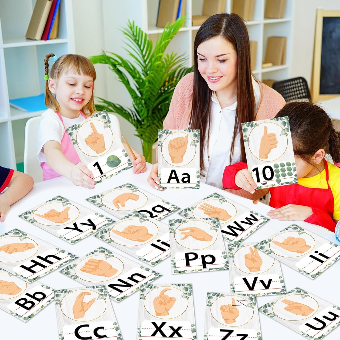 36PCS Eucalyptus ASL Alphabet Line Bulletin Board Set ABC Number Sign Language Flash Cards Alphabet Posters Learning American Sign Language Poster Classroom Wall Decor for Pre-School Home Toddler Kids