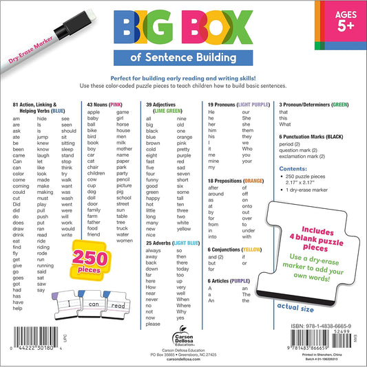 Carson Dellosa Big Box of Sentence Building for Kids, Write On Wipe Off Game with Color-Coded Parts of Speech Pieces and Dry Erase Marker, 250pc Toddler Puzzle Ages 5+