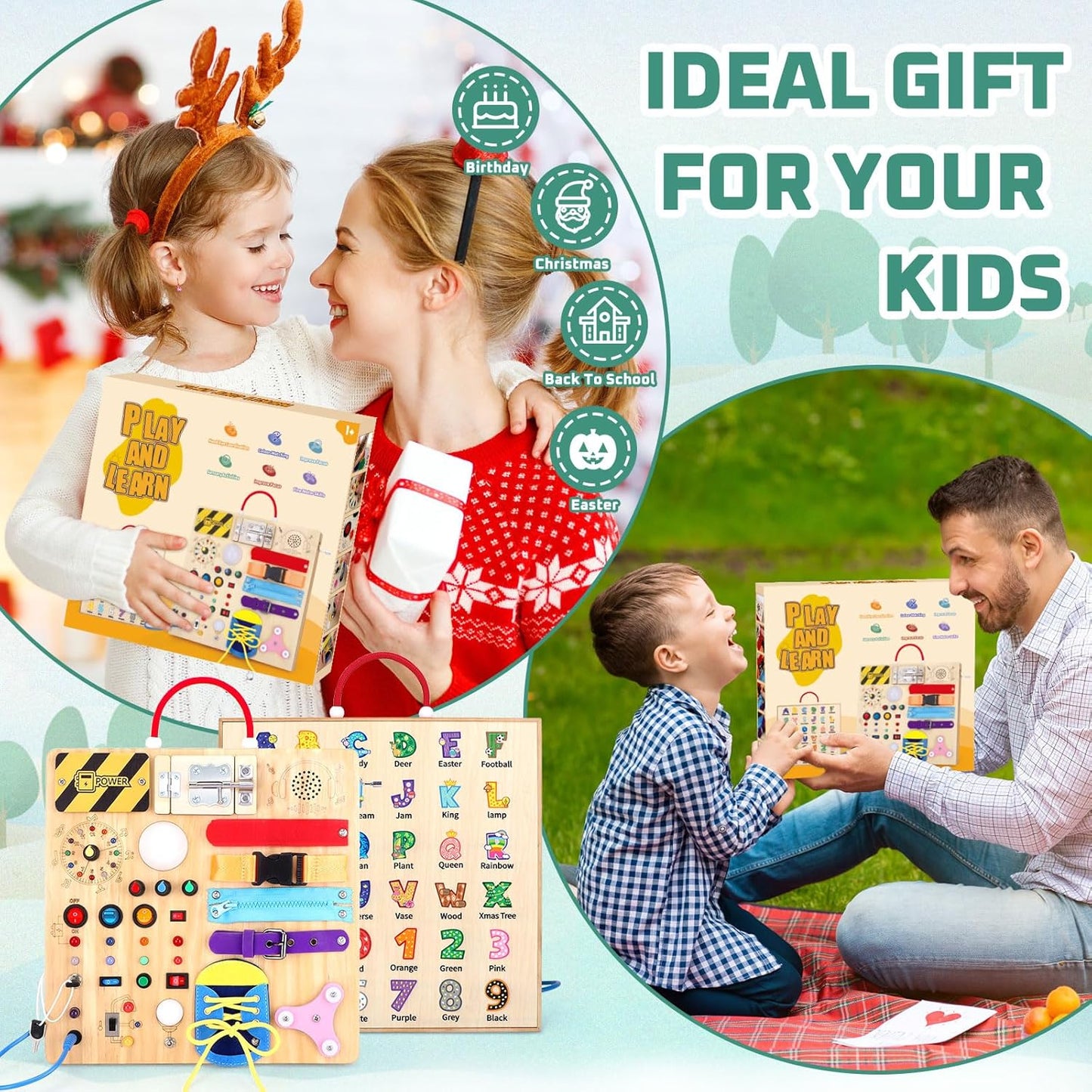 Hoarosall Montessori Wooden Busy Board with 8 LED Light switches, Sensory Toys Light Switch Travel Toys for 1+ Year Old Baby and Toddler