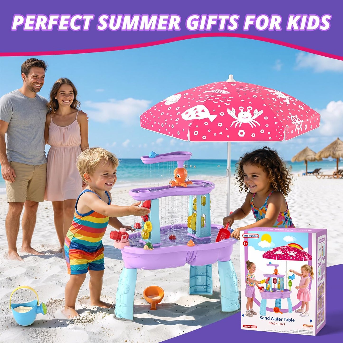Wee Wonders 3-Tier Water Table for Toddlers, Kids Sand Water Table with Adjustable Umbrella, Sand Toys & Fishing Game, Sensory Table Activity Playset for Outdoor Beach, Summer Toys for Girls Boys 3-5