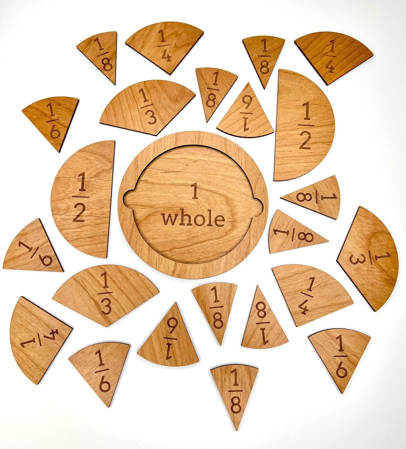 Fraction Tiles - Laser Engraved Alder Wood - Includes 5 inch Tile Holder and Fraction Tiles (23 Tiles)