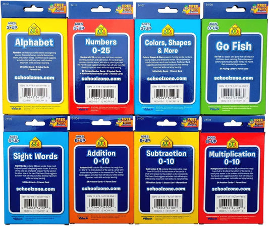 B-THERE Bundle of 8 School Zone Flash Cards, Pre-K - 4th Grade. Sight Words, Subtraction, Multiplication, Go Fish, Addition, Numbers, Colors & Shapes and Alphabet