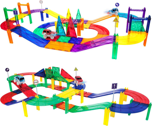 PicassoTiles 50pc Racecar Track Magnetic Tiles Educational Kids Toy with 2 Light Up Trucks STEM Preschool Learning Magnet Tile Toddler Toys Boys Girls Ages 3+ Blocks Game Puzzles Build Playset PTR50