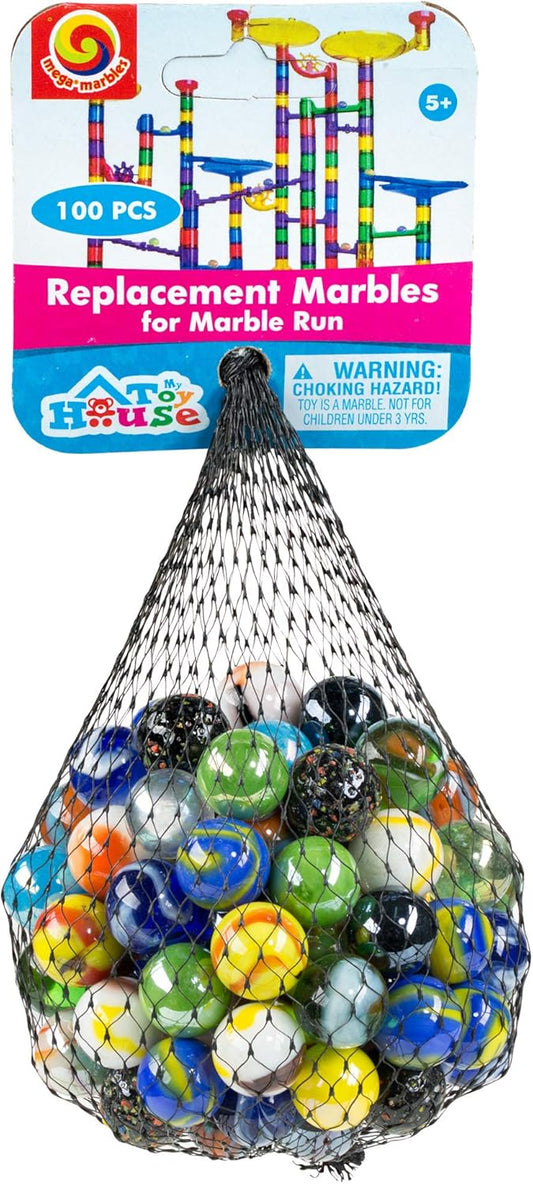 Replacement Marbles for Marble Run - Set of 100 - Assorted Colors - Size 9/16 Inch (14mm) - 100% Glass