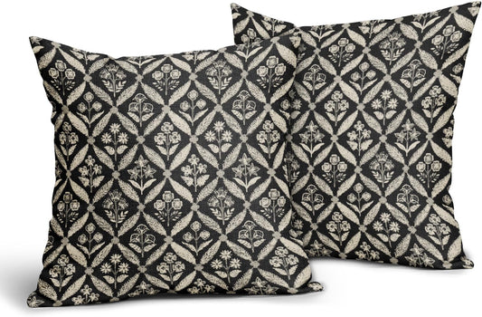 Blue Green Floral Block Print Pillow Covers 12X20 Set of 2, Flower Pattern Spring Summer Print Decorative Throw Pillow Covers Outdoor Farmhouse Seasonal Cushion Case Couch Sofa Bed Decor