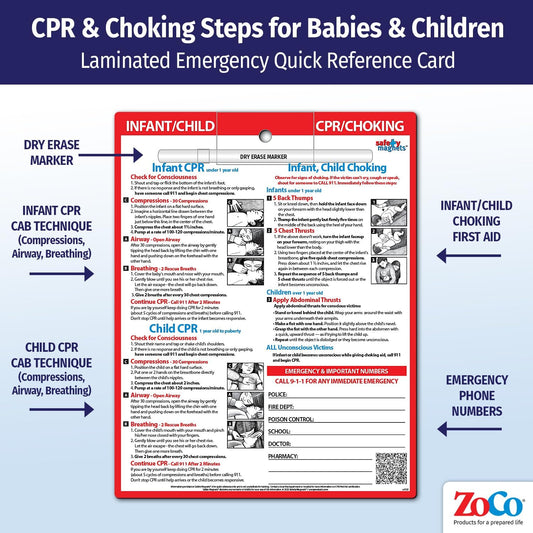 Safety Magnets by ZOCO – Infant and Child CPR & Choking Magnet – Laminated 8.5"x11" Emergency Numbers Fridge Card – First Aid Heimlich Maneuver for Parents, Caregivers, Daycare, Babysitters