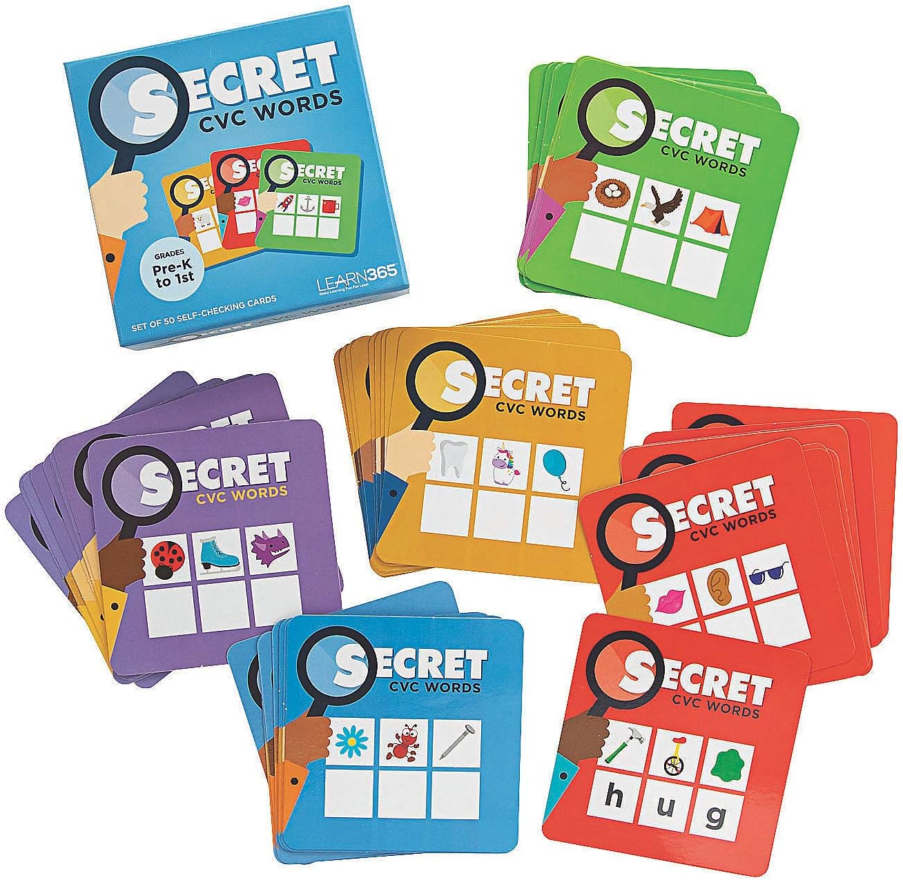 Fun Express Secret CVC Word Cards - Fun & Educational Phonics and Reading Activity for Kids - Improve Vocabulary Word Recognition and Spelling Skills - Perfect for Interactive Learning - 50 Pieces