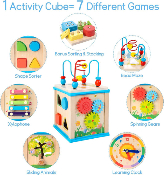 WOODMAM Wooden 7-in-1 Activity Cube| Montessori Toys for 1 Year Old Toddlers| Baby Educational Developmental Toys |One Year Old Boys Girls First Birthday Gifts |Bonus Sorting & Stacking Board