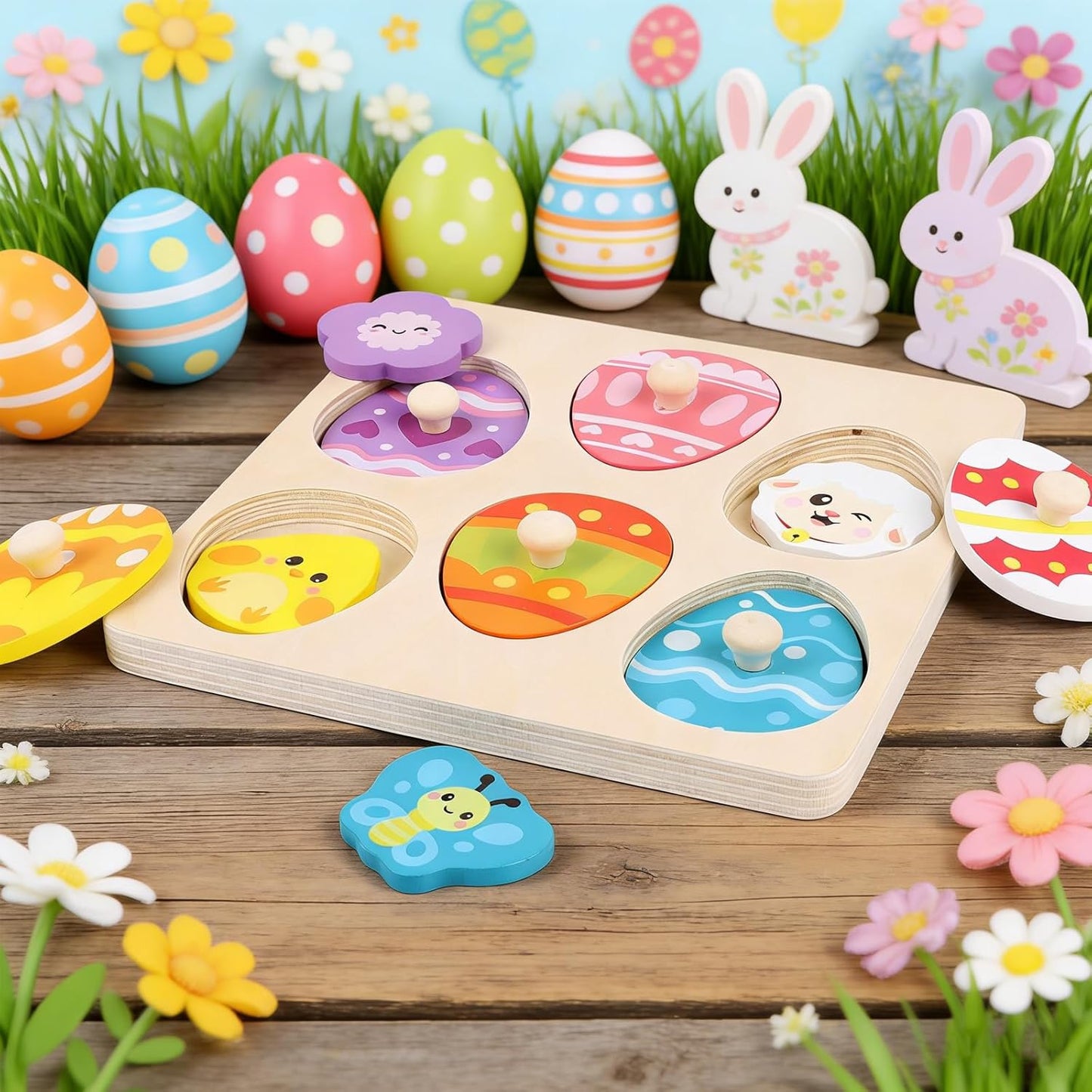 CCINEE Easter Wooden Peg Puzzles for Toddlers 1-3, 6 Pcs Matching Egg Puzzle Montessori Educational Toys for Easter Basket Stuffers Party Favors Learning Activities