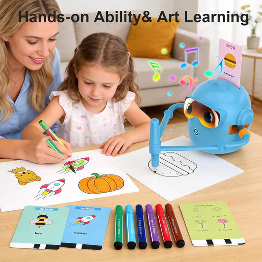 Drawing Robot for Kids, Interactive Educational Drawing Robot with 100 Word Cards, 12 Color Pens & Voice Interaction, Drawing Machine Present for 3 4 5 6 7 8 Year Old Boys Girls, Birthday Party