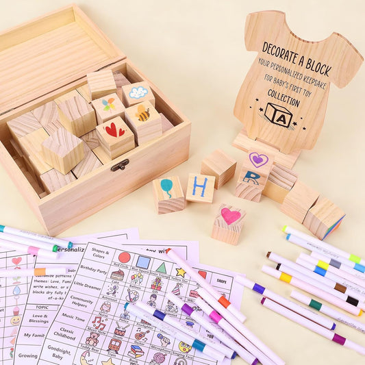 79 PCS Baby Shower Game Kit, Fun Baby Shower Blocks Decorating Game Includes 52 Wooden Blocks, 24 Markers, 1 Game Sign, 1 Storage Box and 1 Pattern Guide, Suitable for Boys and Girls, Natural Wood
