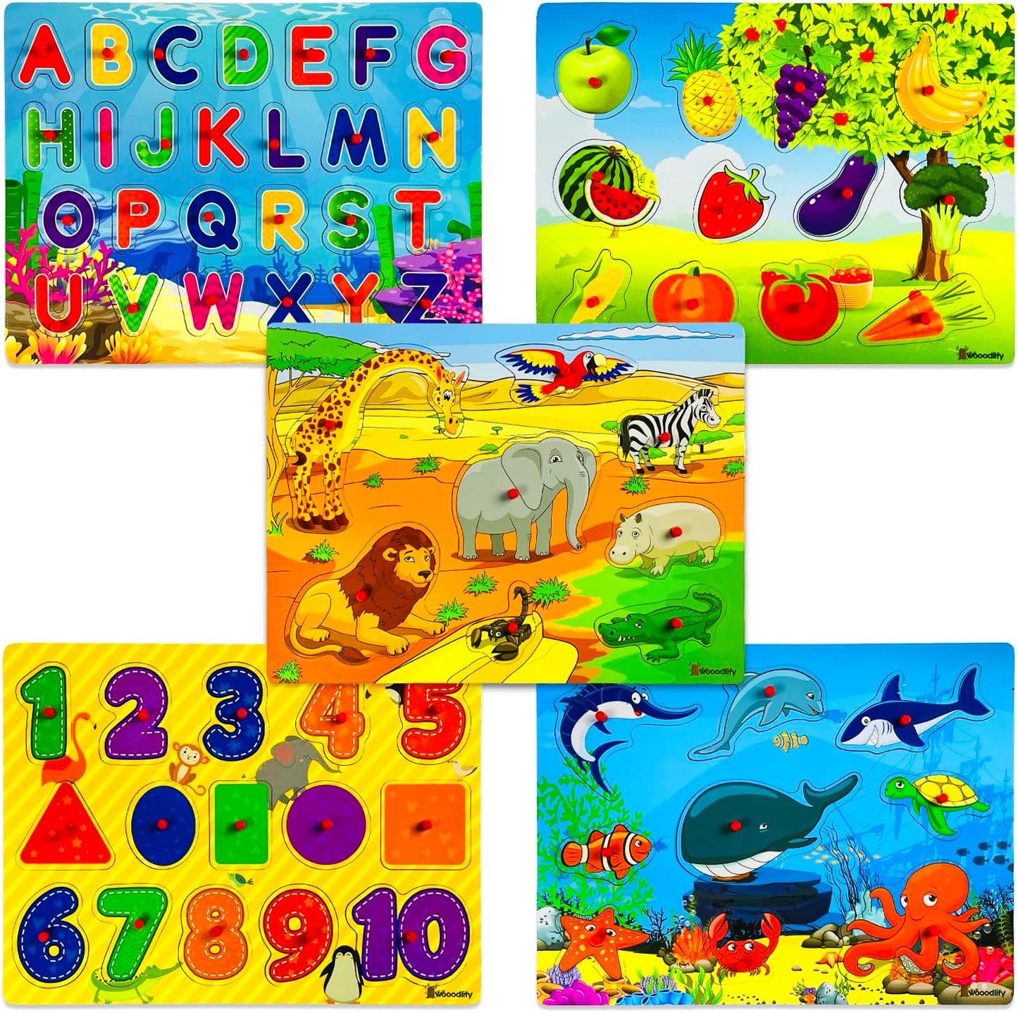 5 Pack Wooden Puzzles for Toddlers 1-3 - Colorful Chunky Wooden Peg Puzzles - Educational Learning Montessori Toys - Toddler Puzzles for Kids Ages 2-4 - Alphabet ABC Number Animal Fruit Shape
