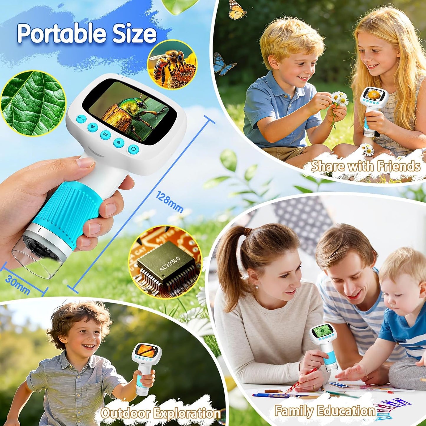 Microscope for Kids & Video Camera, Kid Science Toys,Handheld Digital Microscope,STEM Educational Toy for Wonder Quest,Magnifying Glass for Bugs,Birthday for Boys and Girls (Light Blue) (Blue)