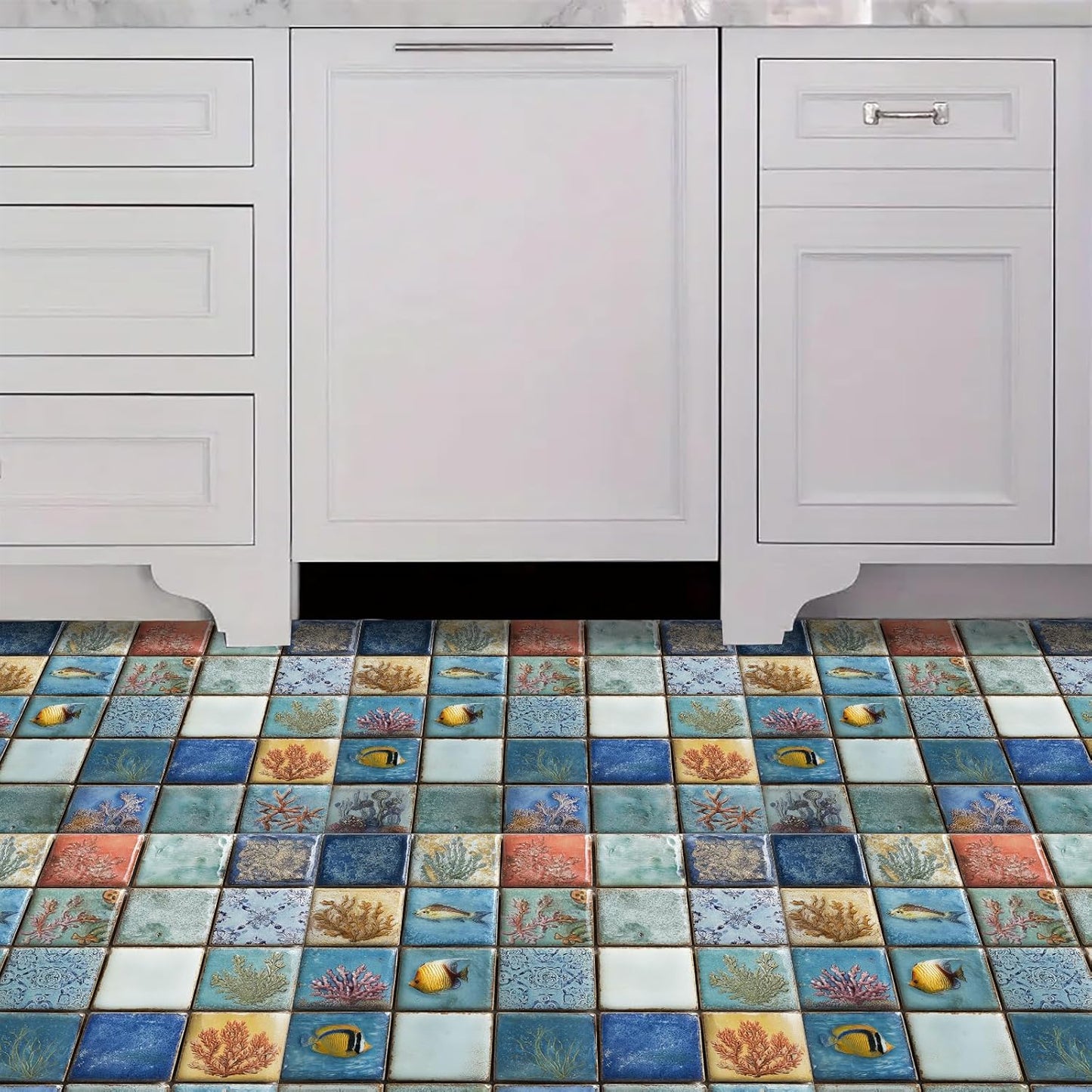 Wall Tiles Peel and Stick 12x12 Inch Ocean Coral Fish Pattern Vinyl Stickers Self Adhesive Tiles for Kitchen Bathroom Shower Laundry Room Aquarium Theme Home Renovation DIY Decor