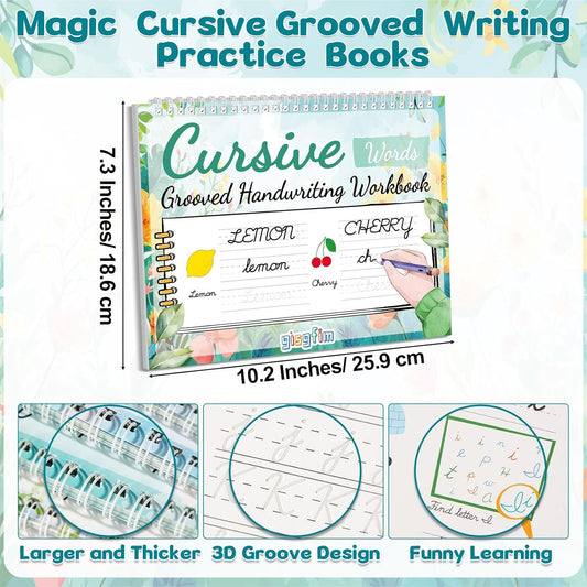 gisgfim 4 Pack Grooved Cursive Handwriting Workbook Kit Magic Reusable Grooved Handwriting Practice with Disappearing Ink Pens Cursive Workbook for Kids Number Poems Jokes & Riddles Inspiring Quotes