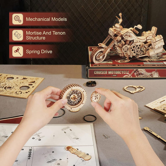 Rowood 3D Puzzles for Adults, Model Car Kits, Wooden Model Kit for Adults to Build,DIY Motorcycle Mechanical Gears Building Set Toys for Age 14+, Christmas Birthday Gift