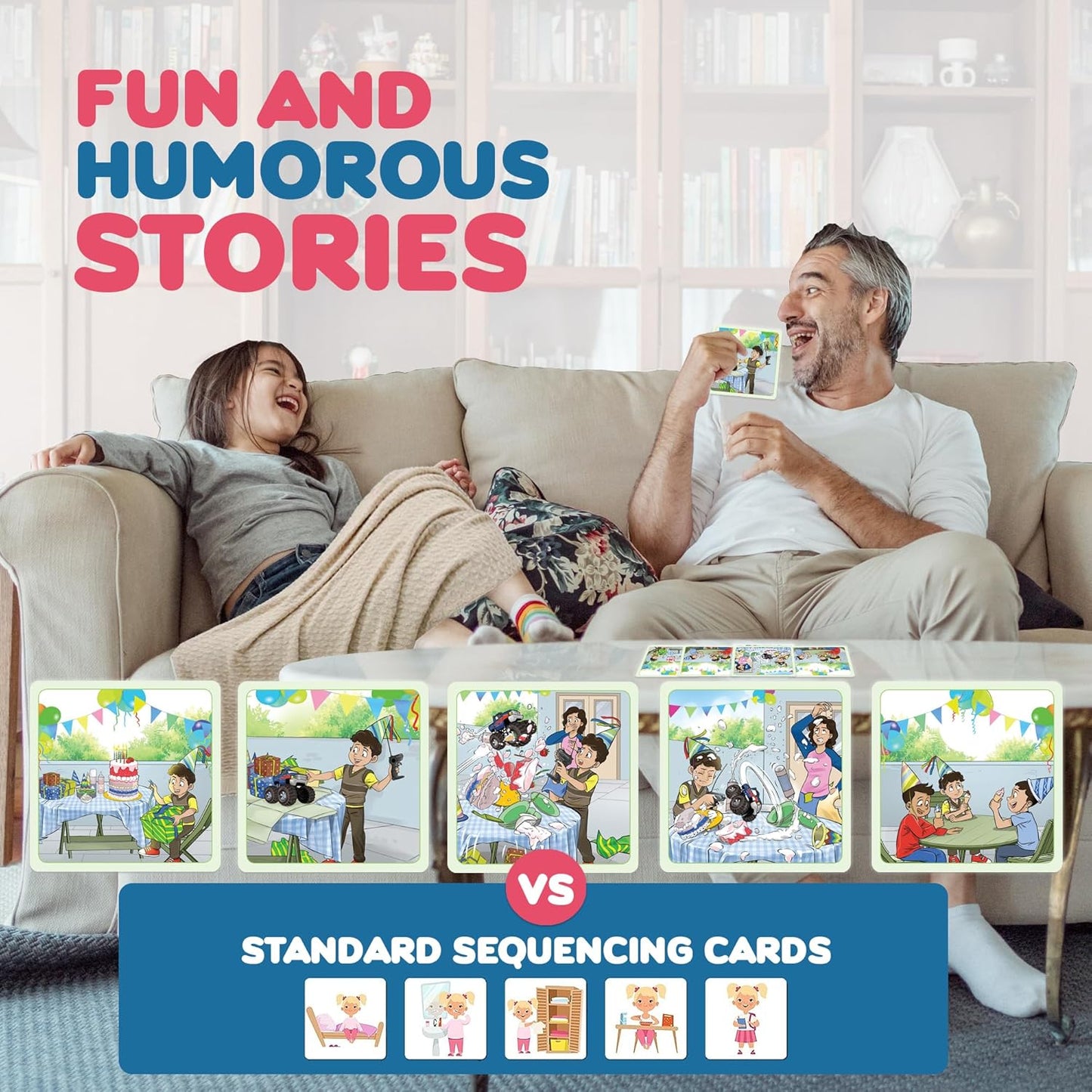 SkillEase Story Cues and Story Cues 2 Bundle, Higher Level Sequencing Cards, Speech Therapy Materials, Social Skills Game, Sentence Building and Picture Cards