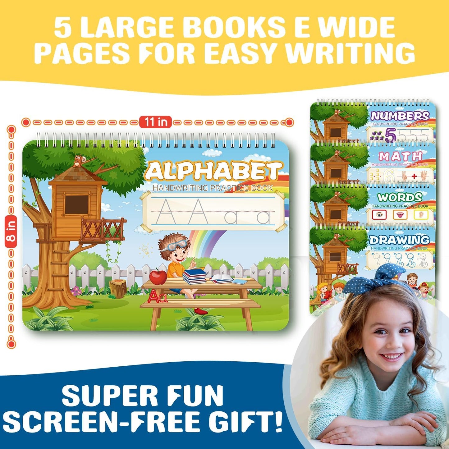 Magic Grooved Writing Practice for Kids Ages 3-8 – Large 11.2"x7.5" Reusable Handwriting Workbook (5 Books) – Preschool Learning Activities, Kindergarten Educational Tracing Toys for Boys & Girls