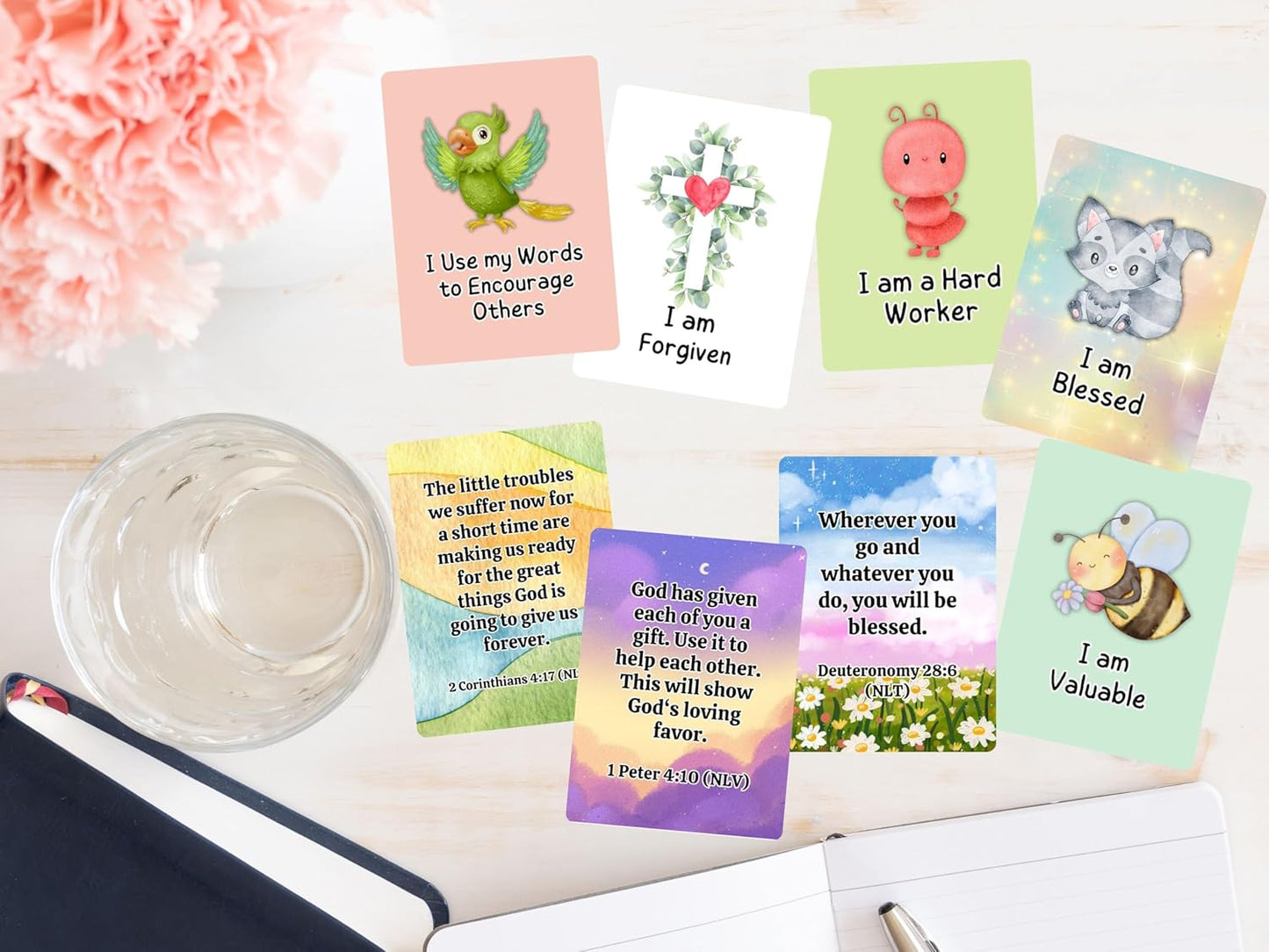 Christian Biblical Affirmation Cards for Kids, 52 Affirmations with Bible Verse on Back, Scripture Memory Cards, Bible Study, Encouragement Gift for Boys and Girls