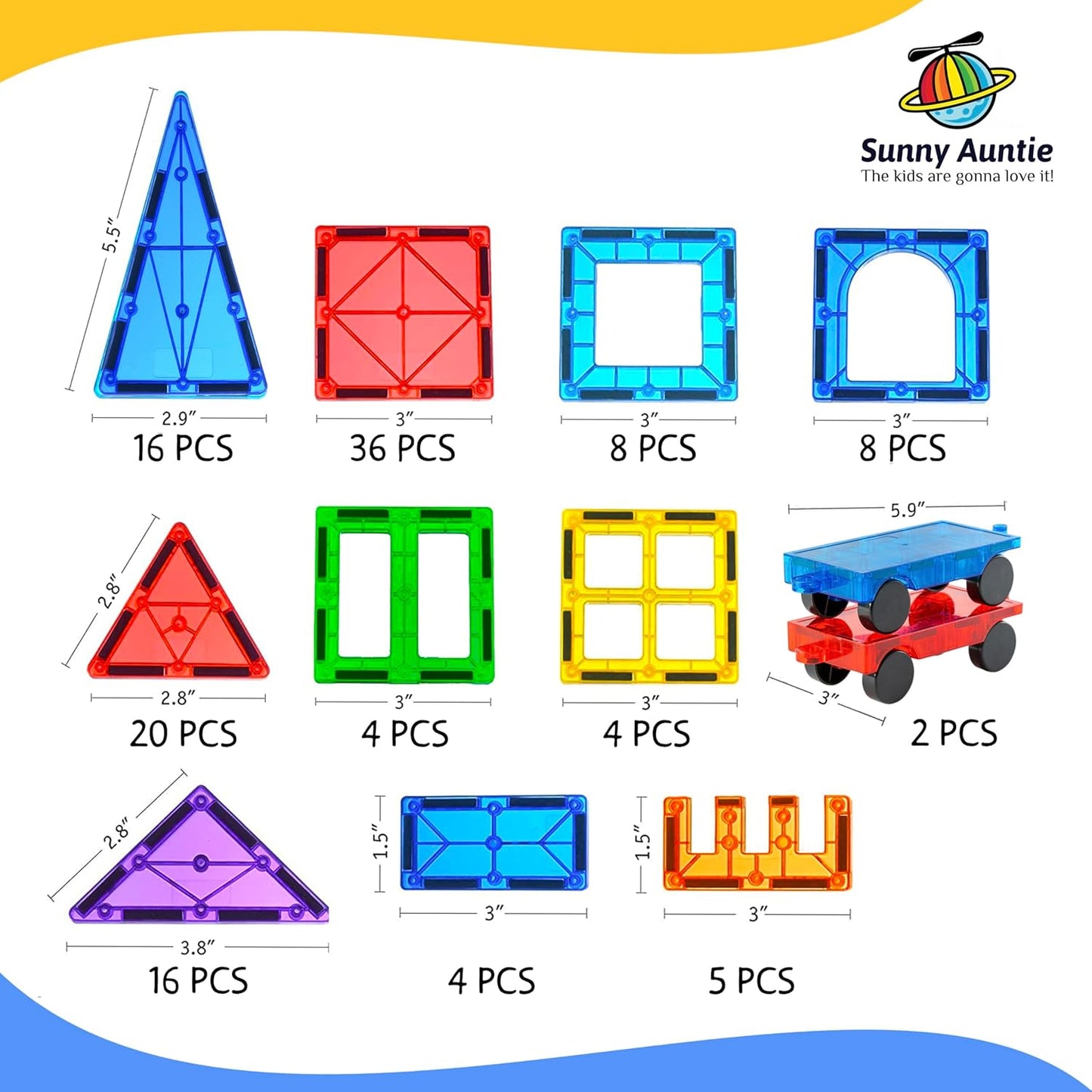 SUNNY AUNTIE Magnetic Tiles 56 PCS Building Set – Magnetic Building Tiles STEM Toy for Kids & Toddlers Ages 3-8, Magnet Construction Set for Boys & Girls