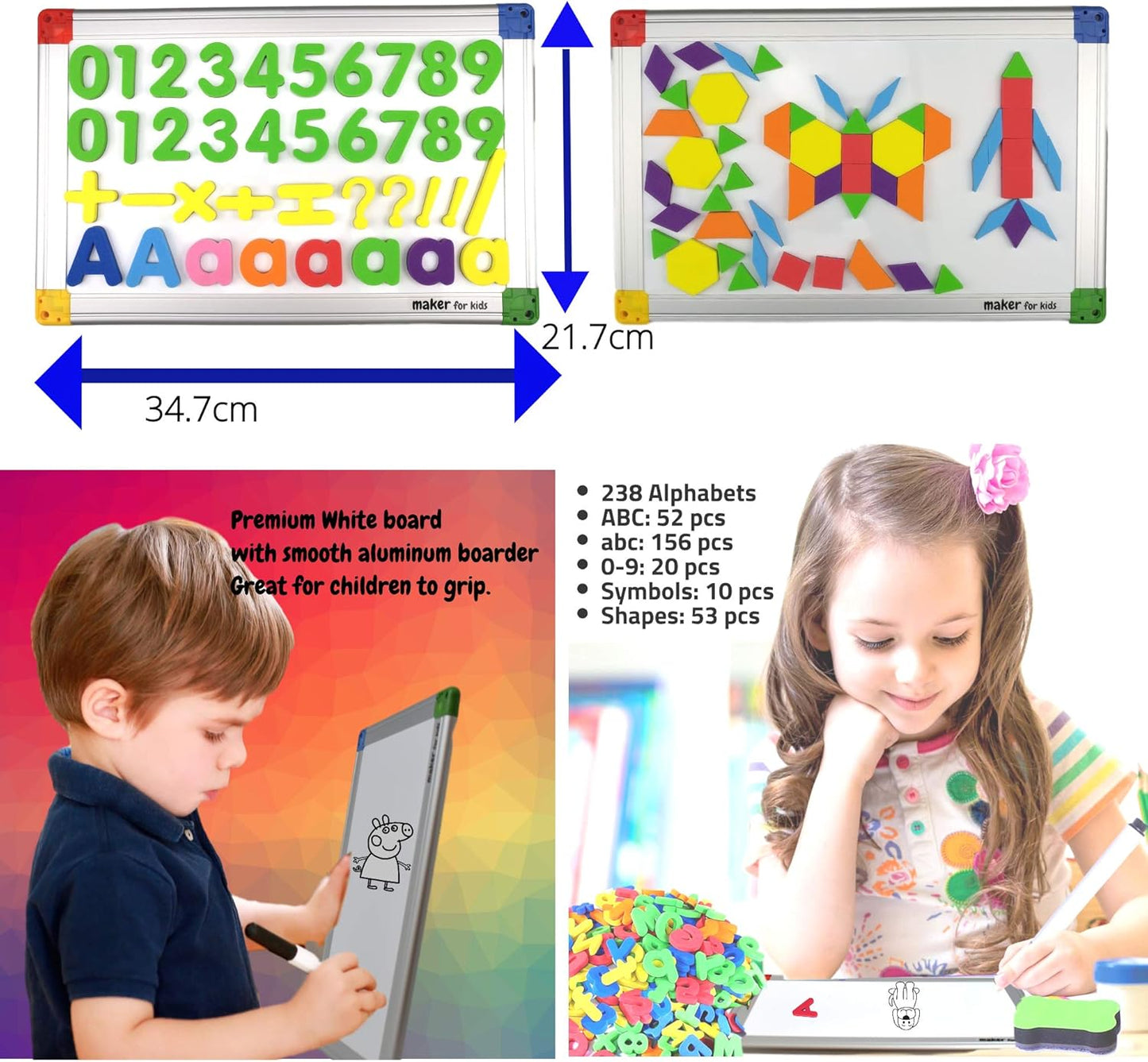 291Pcs ABC Magnets Board Magnetic Letters Numbers and Shapes Maker for Kids and Toddlers with Storage Double-Side Drawing Whiteboard Uppercase Lowercase Foam Alphabets Games Set