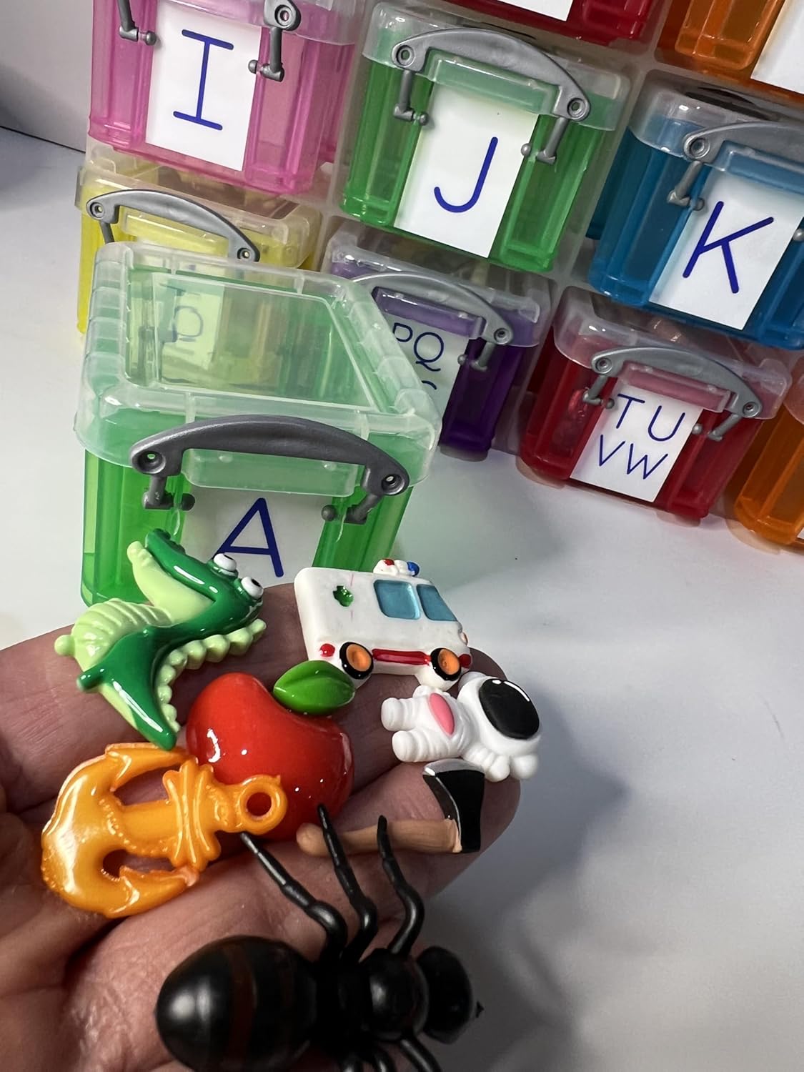 Alphabet Learning Kit with Objects for Beginning Sounds, 7 Objects Per Letter, Storage Boxes with Uppercase Labels