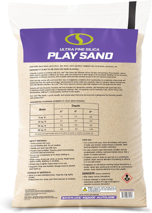 Sun Joe Silica Play Sand for Sandbox, Sensory Table & Gardens, Ultra Fine, 50 Lb Bag - Indoor & Outdoor Craft Accessory for Molding, Digging & Sculpting, PLYSAND50