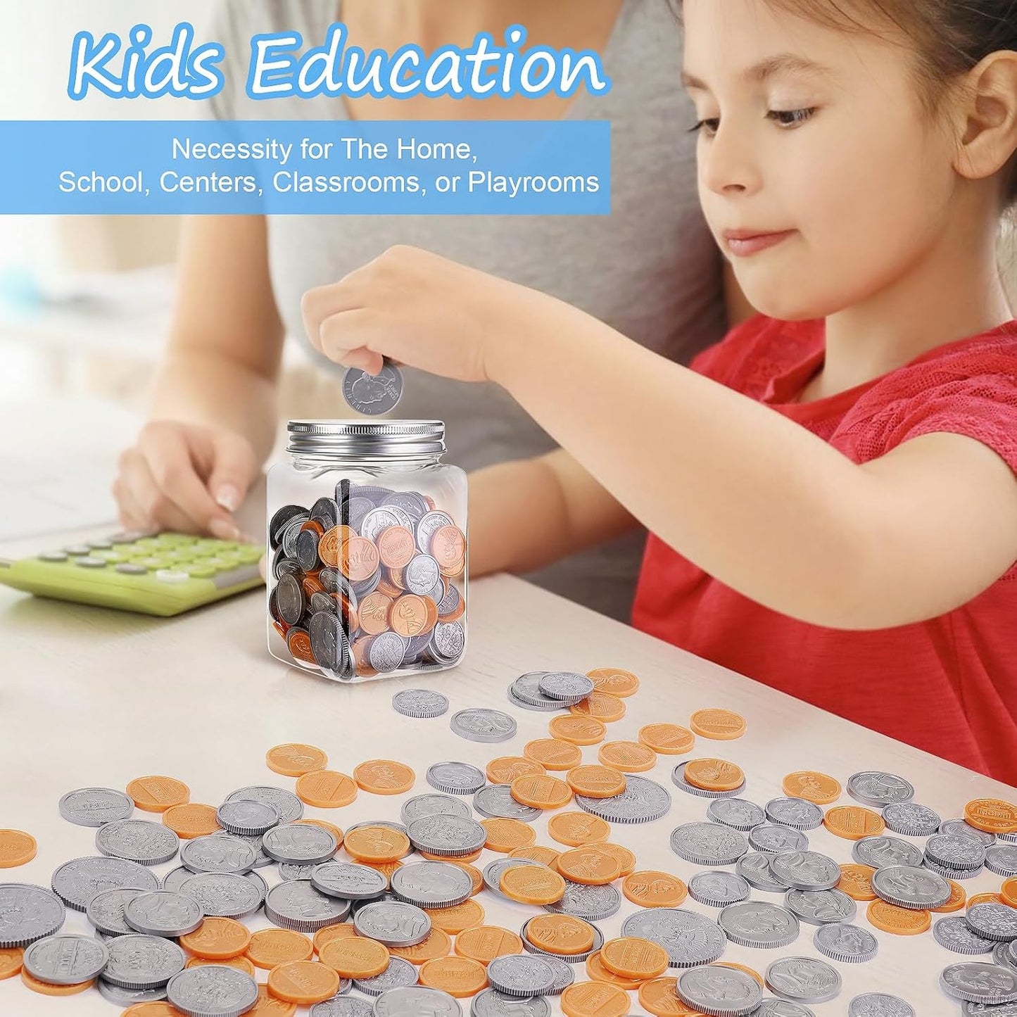 Play Money Coins for Kids, 250pcs Detailed Fake Money Coins with Coin Jar, Realistic Teaching Pretend Fake Money Coins Set, Plastic Toy Prop Fake Money Coins for Kids Learning Education