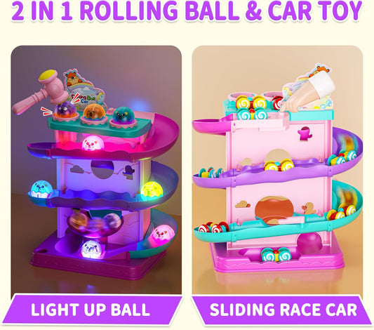 Funwee 2-in-1 Light Up Rolling Ball & Racing Car Ramp Toddler Toy, Race Track Hammer Ball Drop Toys, Interactive Montessori Learning Game for Kids 1-5+ Year Old Girl Boy Gift(Pink)