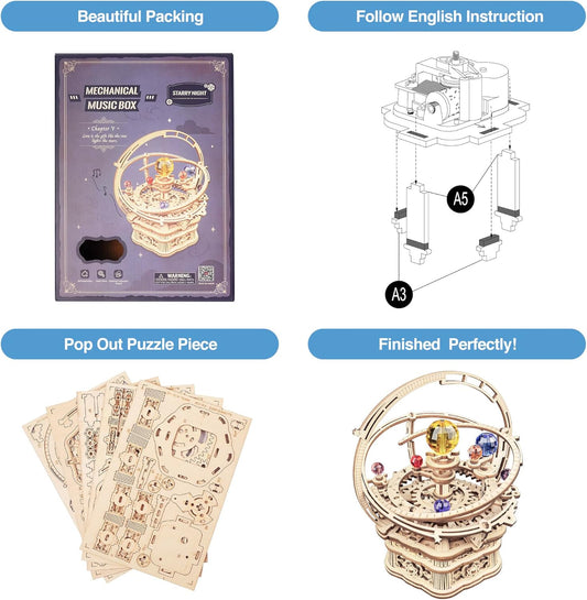 ROBOTIME 3D Puzzles for Adults Model Kits for Adults Hobbies for Men/Women Rotating Starry Night Wooden Puzzle Music Box AMK51