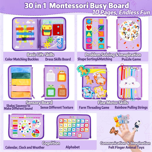 Esjay Toddler Busy Board, Montessori Toys Busy Book, Sensory Board Birthday Gifts for 3+ Years Old Girls Boys, Learning Educational Toy for Fine Motor Skills, Travel Activities for Airplane Car