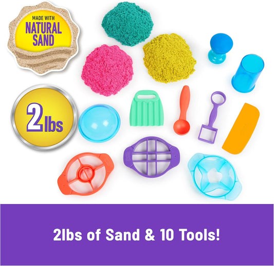 Kinetic Sand, Ultimate Sandisfying Set with 2lbs Play Sand (Pink, Yellow & Teal), 10 Tools & Molds, Sensory Toys for Kids Ages 7 and up