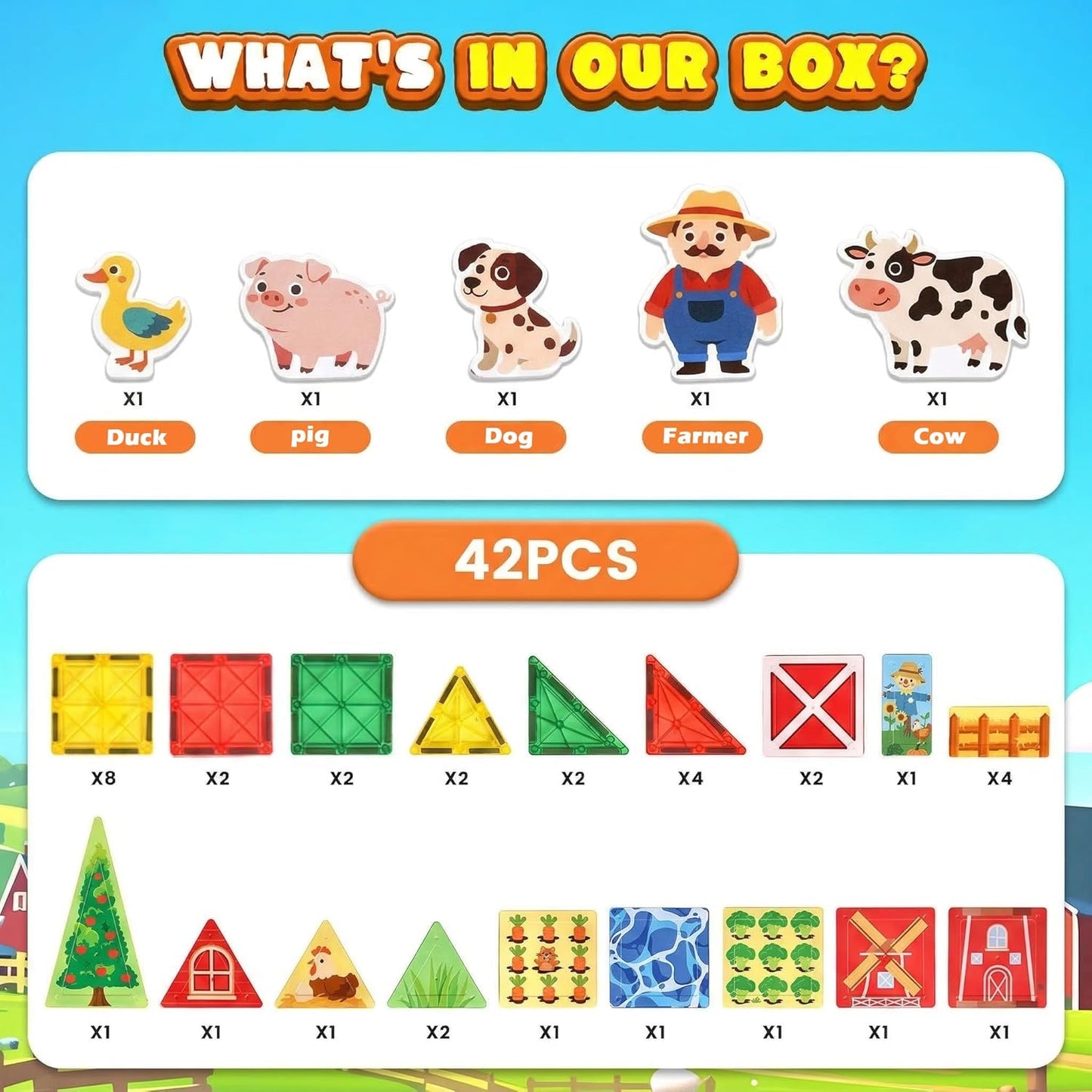 3 Otters 42PCS Magnetic Tiles Toys with Farm Animals, Magnetic Building Blocks Educational STEM Toys for Birthday Party Gifts Kids Toddlers Preschool Classroom