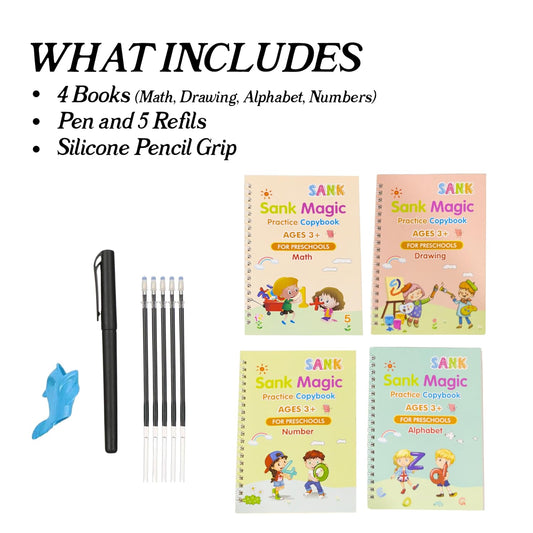 Reusable Magic Practice Copybook for Child Education, Alphabet Number Math Drawing Practice Book (Pack of 4) - Letter Tracing Book for Teaching Handwriting to Kids - with Pens and Handwriting Grip