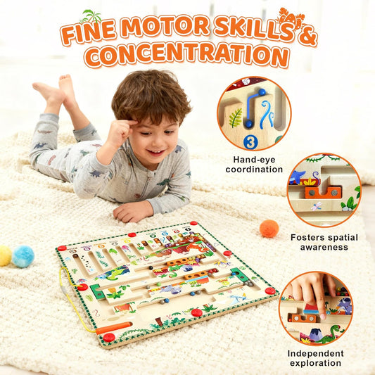 Magnetic Color & Number Maze for Toddlers 3+, Dinosaur Montessori Toy, Wooden Color Sorting & Counting Board, Fine Motor Skills Preschool Learning Activity, Gift for Boys Girls